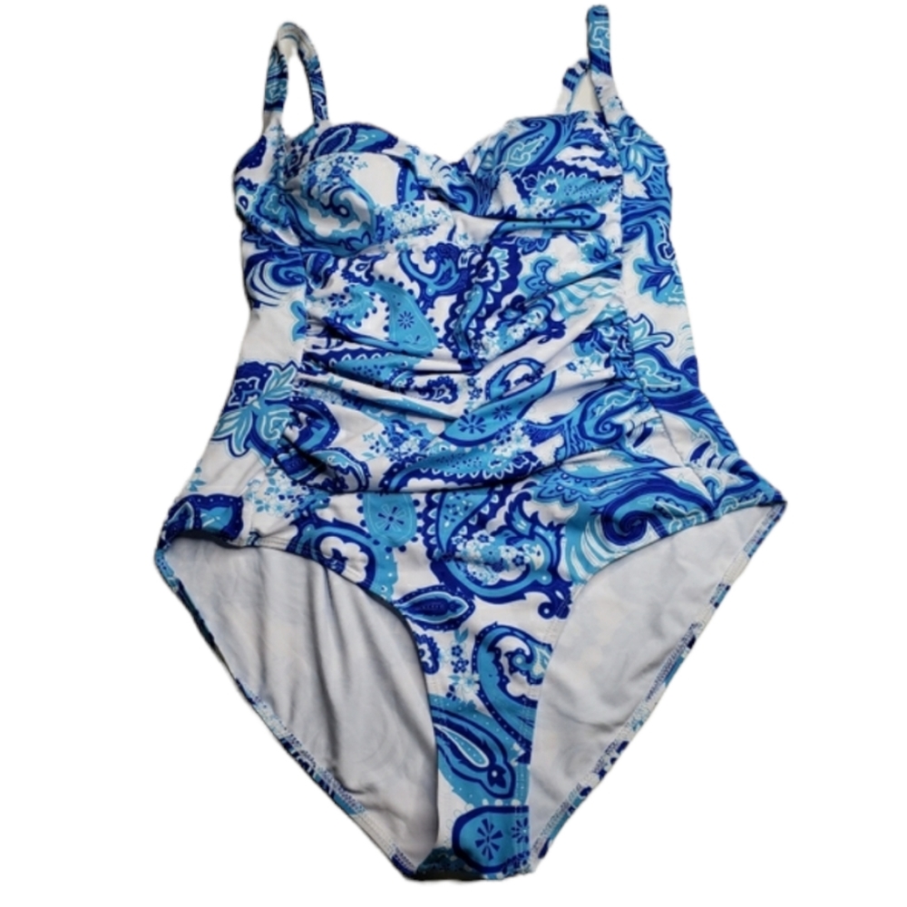 Ekouaer Swimsuit One Piece Paisley Blue White Tummy Control XL XXL 16-18 NWT
